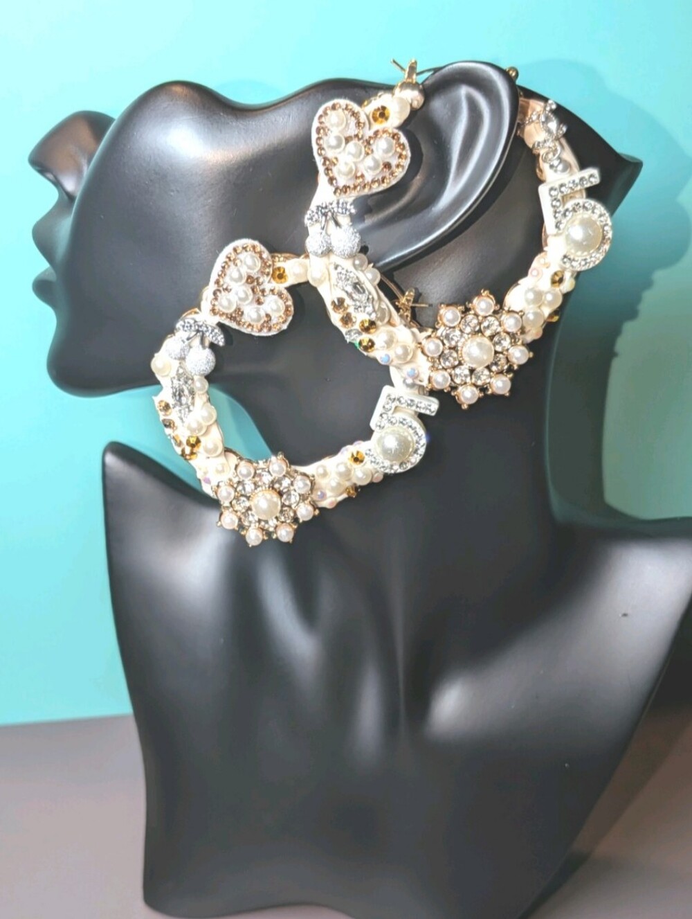 Hand Crafted decorative Pearl & Gold Heart Large decoden Hoop Earrings For Women